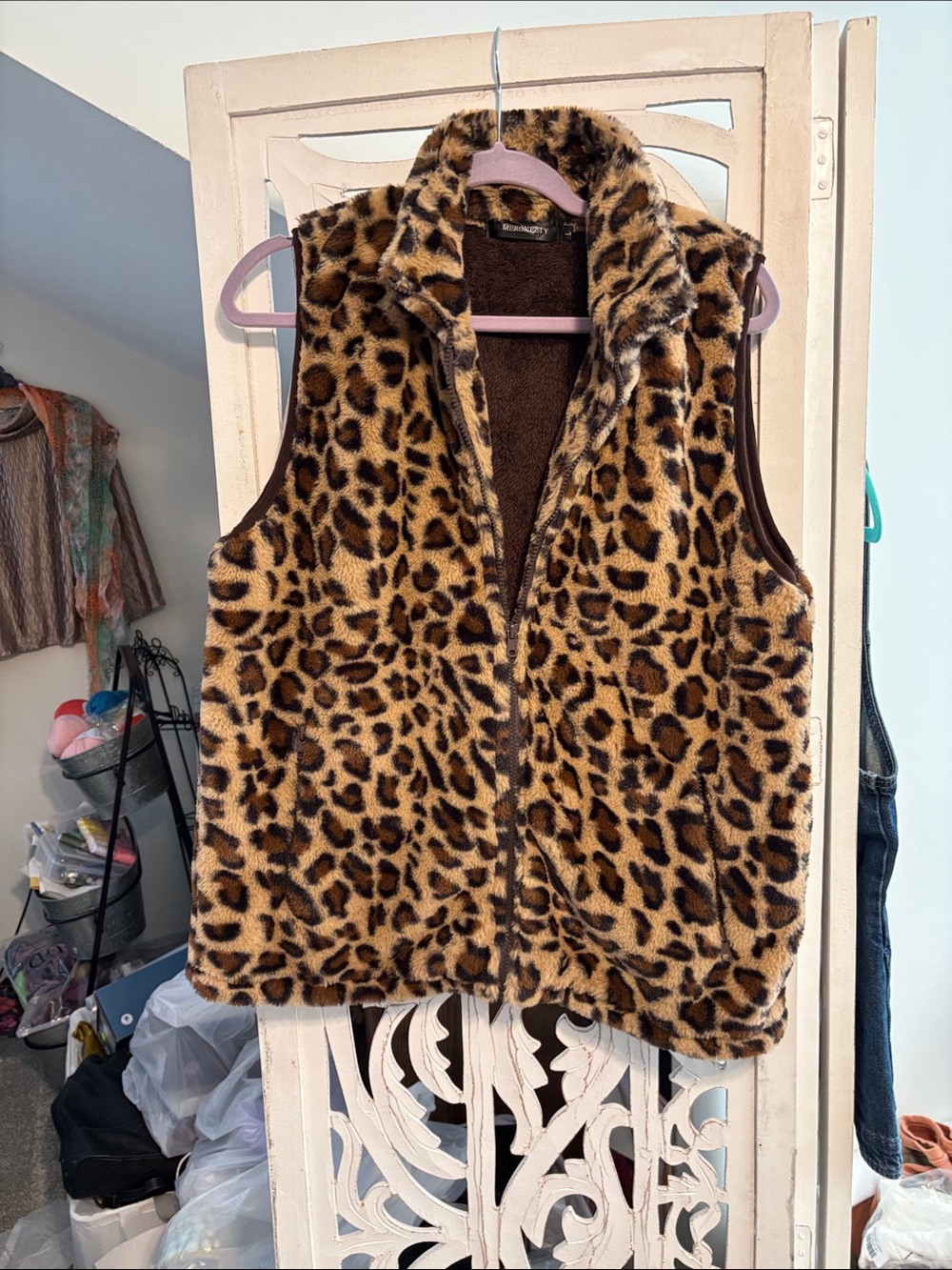 Leopard Print Faux Fur Vest - Brown